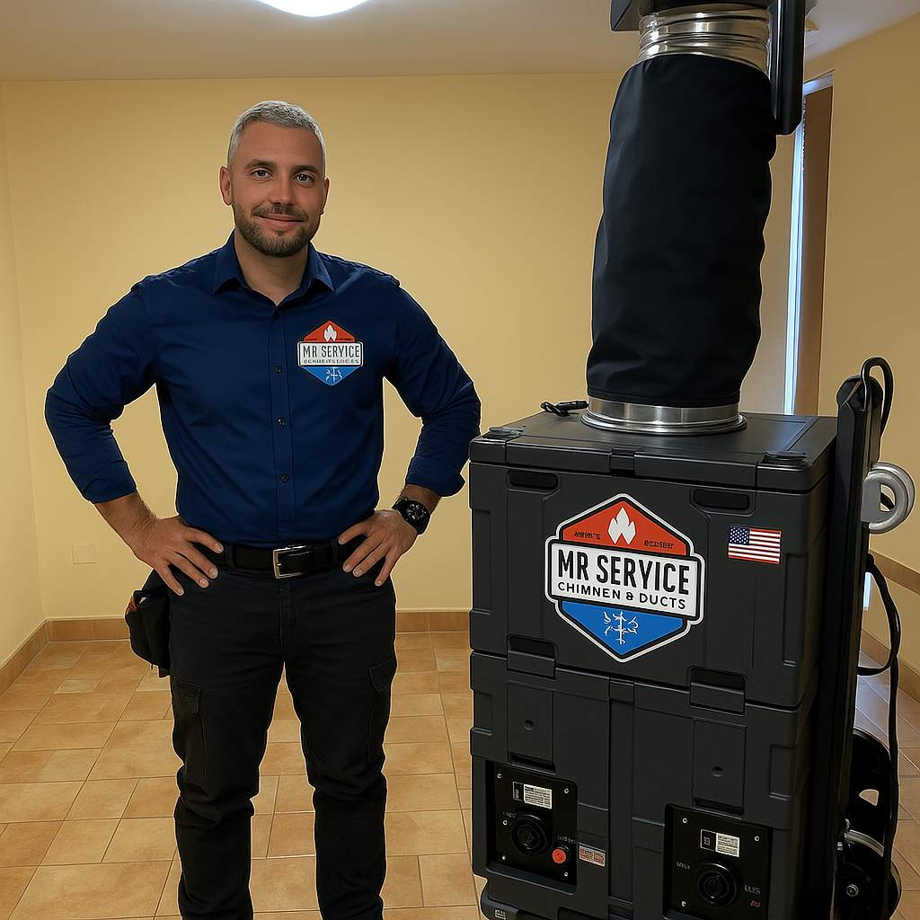 Mr Service technician and chimney cleaning equipment inside a home