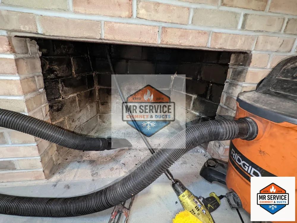 Fireplace cleaning equipment set up at a residential firebox